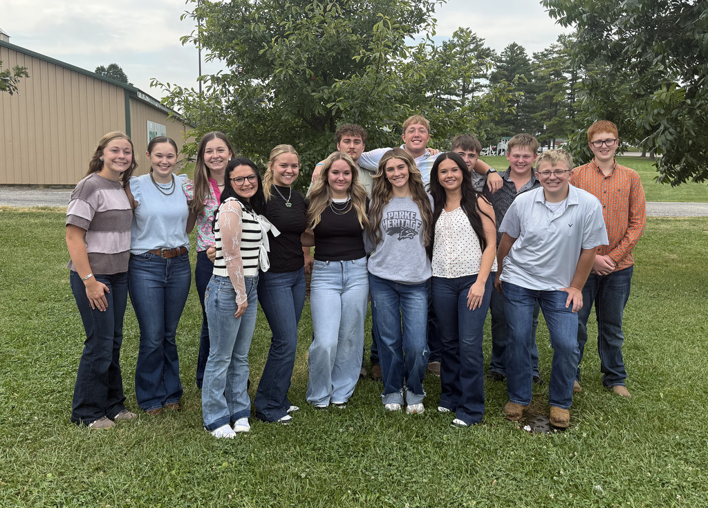 Students post outside at the Boone County Fairgrounds for a photo for the Regional Livestock Skillathon.