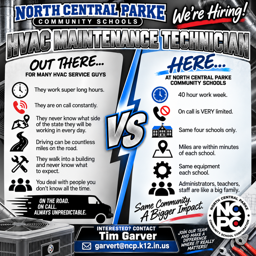 A square recruitment graphic for North Central Parke Community Schools announcing an opening for an HVAC Maintenance Technician. The design uses black, white, gray, blue, and red accents with an industrial HVAC-themed background. The top of the graphic displays the North Central Parke Community Schools name and logo, along with “We’re Hiring!” The main headline reads “HVAC Maintenance Technician.” The graphic is divided into two sections with a large “VS” in the center. The left section, titled “Out There…,” lists challenges associated with many HVAC service jobs, including long hours, constant on-call responsibilities, traveling throughout the state, driving many miles, working in unfamiliar buildings, and interacting with unfamiliar people. The right section, titled “Here… At North Central Parke Community Schools,” highlights a 40-hour work week, very limited on-call responsibilities, working at the same four schools, short travel distances between schools, consistent equipment, and a supportive school community. Near the bottom, the graphic reads “Same Community. A Bigger Impact.” It includes contact information for Tim Garver at garvert@ncp.k12.in.us and encourages applicants to “Join our team and make a difference where it really matters!”