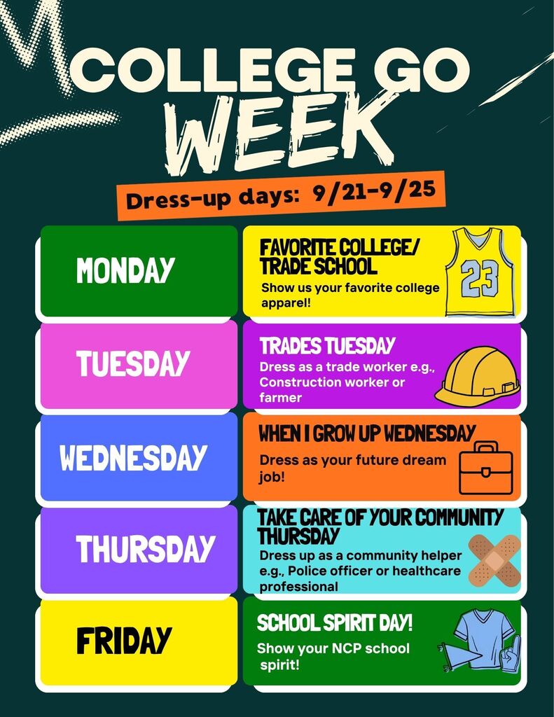 A colorful College GO! Week spirit day schedule graphic on a dark teal background. The graphic announces dress-up days for September 21–25. Monday is Favorite College/Trade School Day, encouraging students to wear favorite college apparel. Tuesday is Trades Tuesday, encouraging students to dress as a trade worker such as a construction worker or farmer. Wednesday is When I Grow Up Wednesday, encouraging students to dress as their future dream job. Thursday is Take Care of Your Community Thursday, encouraging students to dress as a community helper such as a police officer or healthcare professional. Friday is School Spirit Day, encouraging students to show North Central Parke school spirit. Each day is displayed in a brightly colored box with related illustrations, including a college jersey, hard hat, briefcase, bandages, and school spirit clothing.