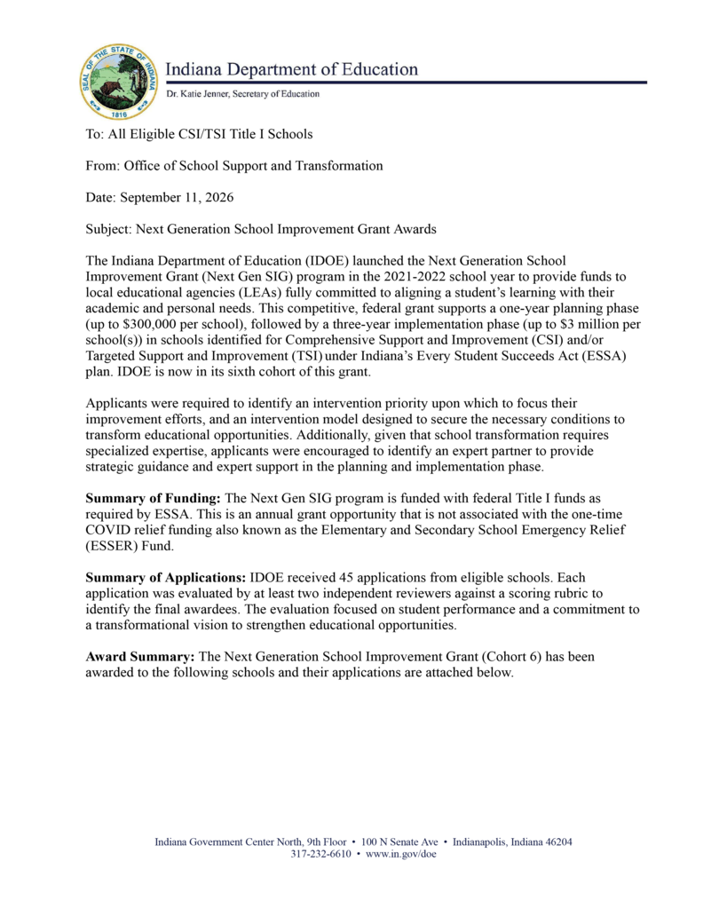 Document from the Indiana Department of Education dated September 11, 2026, titled “Next Generation School Improvement Grant Awards.” It explains the grant program, funding structure, application process, and award process. The document states that 45 applications were received from eligible schools and that applications were reviewed by at least two independent reviewers. The page includes the Indiana Department of Education logo and contact information at the bottom.