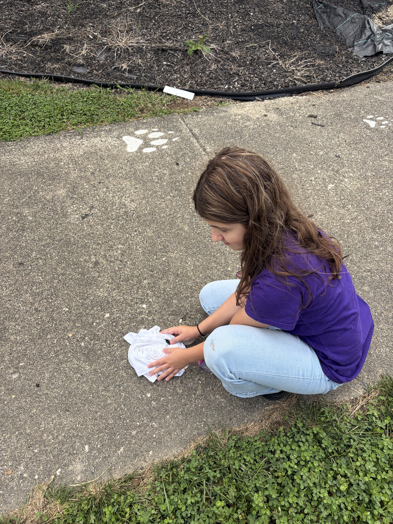 Student rolling her shirt to tie-dye it at the Bindi BBQ.