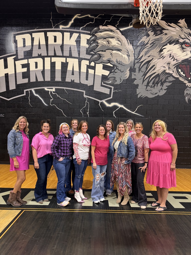 Middle School Staff that participated in Dress like Dolly Day line up and pose for a photo in front of the Parke Heritage Mural in the Middle School gym. 