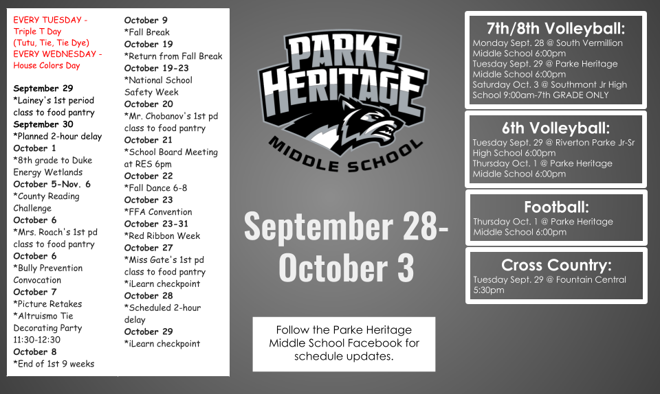 Weekly Parke Heritage Middle School calendar graphic for September 28–October 3. The graphic features the Parke Heritage Middle School logo in the center, with school activities and reminders listed on the left and athletic schedules on the right. Activities include Triple Day, House Colors Day, a planned two-hour delay, fall break information, National School Safety Week, Red Ribbon Week, picture retakes, and other classroom and school events. Athletic schedules include 7th/8th grade volleyball, 6th grade volleyball, football, and cross country, with dates, locations, and game times provided. The graphic also directs families to follow the Parke Heritage Middle School Facebook page for schedule updates.