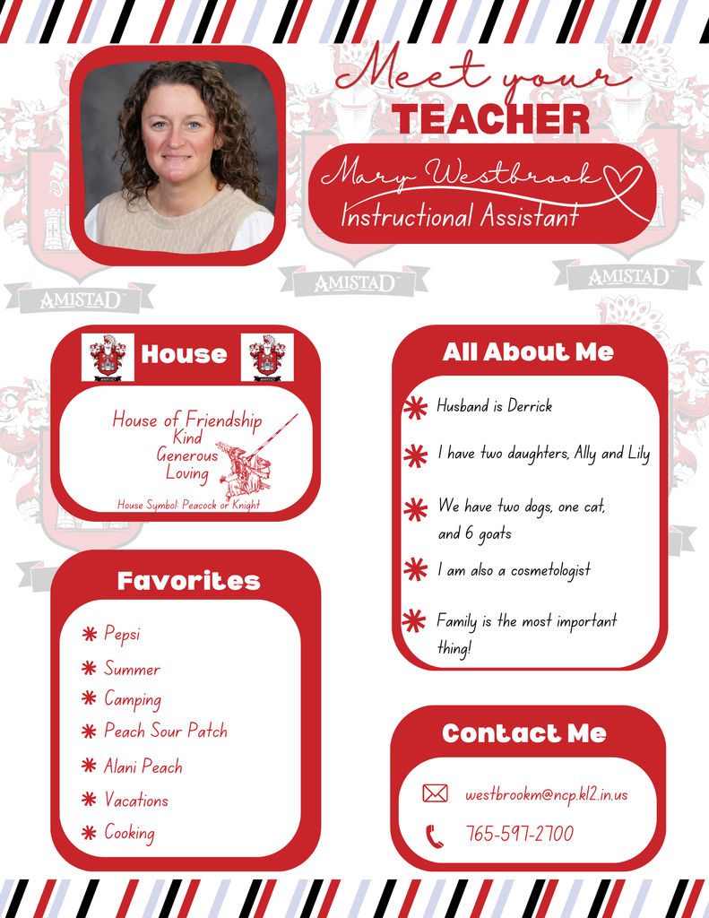 A “Meet Your Teacher” graphic featuring Mary Westbrook, an Instructional Assistant. The graphic uses a white background with red, black, and light blue decorative accents and Amistad-themed imagery. A photo of Mary appears in the upper left, while her name and position are displayed prominently near the top. The graphic includes an “All About Me” section stating that Mary’s husband is Derrick, she has two daughters named Ally and Lily, and her family has two dogs, one cat, and six goats. It also notes that she is a cosmetologist and that family is the most important thing to her. A “Favorites” section lists Pepsi, summer, camping, Peach Sour Patch, Alani Peach, vacations, and cooking. Contact information, including her school email address and phone number, is provided at the bottom.