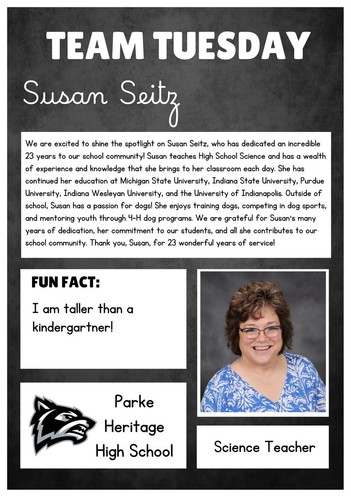 A Team Tuesday staff spotlight graphic featuring Susan Seitz. The graphic uses a dark gray textured background with large white “TEAM TUESDAY” text at the top and Susan Seitz’s name in white script. A white text box highlights Susan’s 23 years of service to the school community as a high school science teacher, along with her educational background at several Indiana universities. It also shares her interests in training and competing with dogs and mentoring youth through 4-H dog programs. A “Fun Fact” box states, “I am taller than a kindergartner!” A professional photo of Susan appears on the right, with the Parke Heritage High School logo and her title, “Science Teacher,” below.
