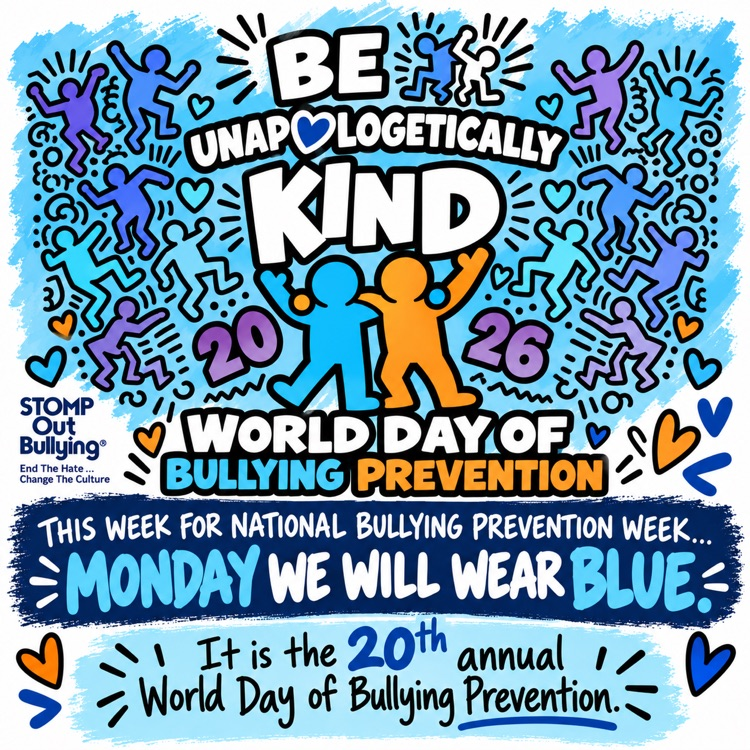 Graphic for the world day of bullying prevention. This week on Monday we will wear blue.