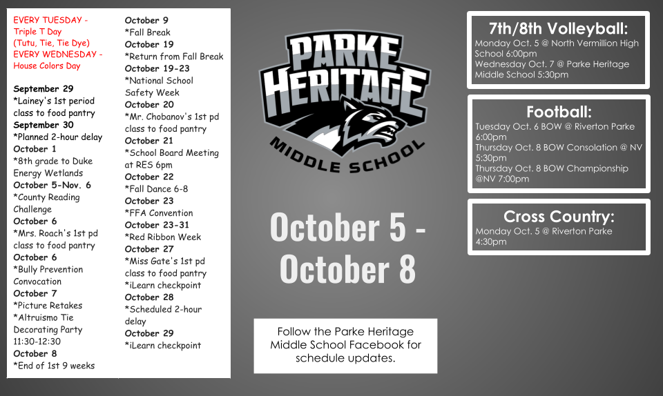 PHMS Calendar of Events for the week of October 5-8