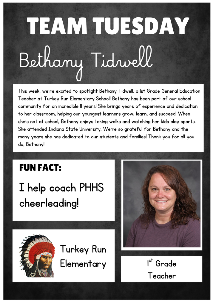 A Team Tuesday staff spotlight graphic featuring Bethany Tidwell. The graphic has a dark gray textured background with large white “TEAM TUESDAY” text at the top and Bethany Tidwell’s name in a script-style font. A white text box introduces Bethany as a 1st Grade General Education Teacher at Turkey Run Elementary School and highlights her 11 years with the school community. It says she enjoys taking walks and watching her children play sports and attended Indiana State University. A “Fun Fact” box shares that Bethany helps coach Parke Heritage High School cheerleading. A professional portrait of Bethany appears on the right. The Turkey Run Elementary School name and logo are shown near the bottom, along with her position as a 1st Grade Teacher.