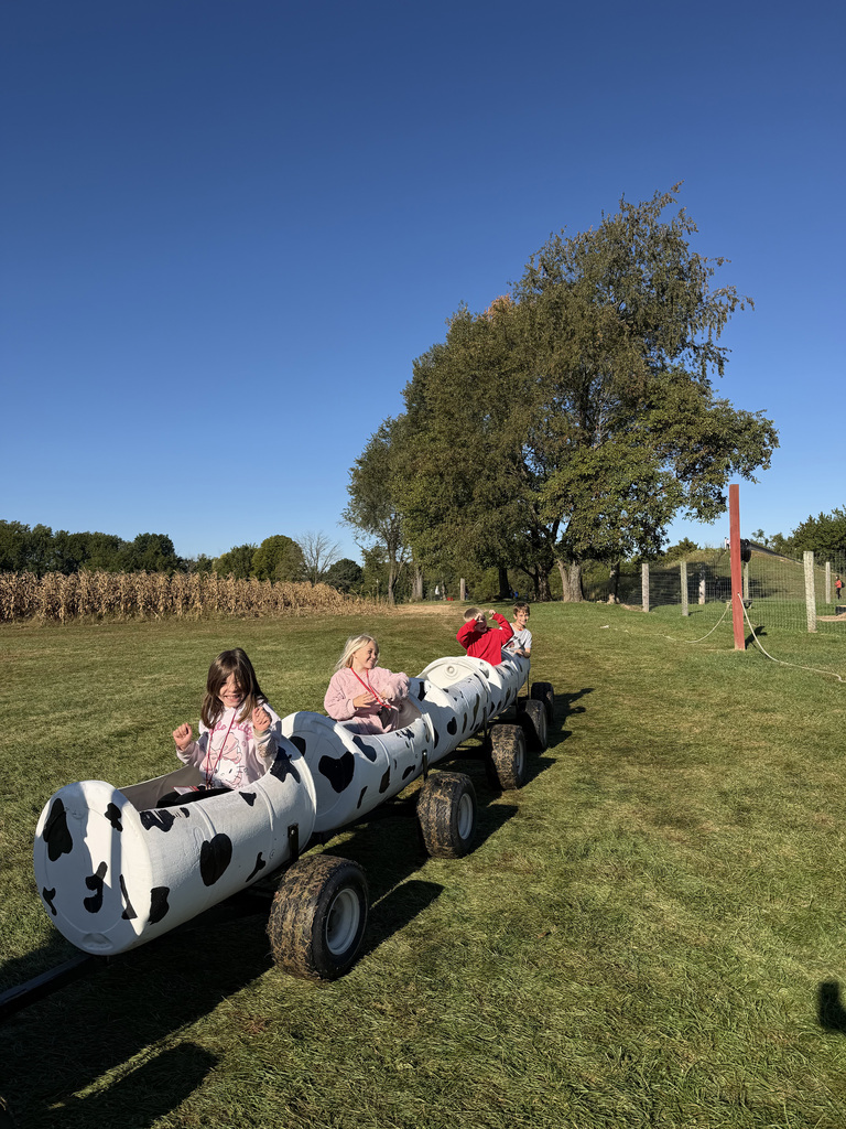 Four 1st Grade students ride the Cow print Train at Hobson Farms. 