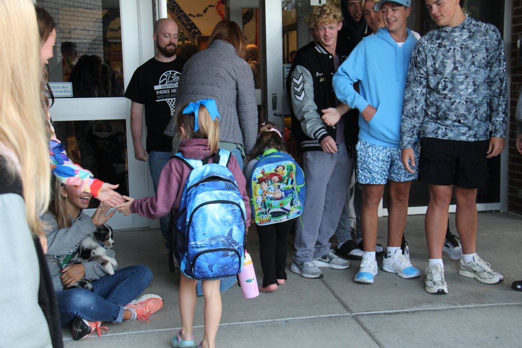 Members of the Tennis, Cross Country, and Golf teams line up along the sidewalk to five high fives to one of the students as she walks into school. 