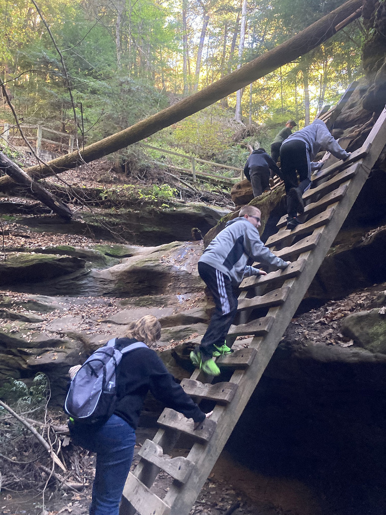 Students climbing a ladder on the path of Rocky Hollow. 