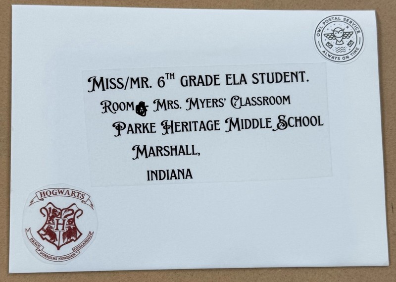 envelope addressed to Parke Heritage Middle School from Hogwarts