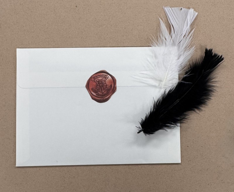 back of an envelope with two feathers