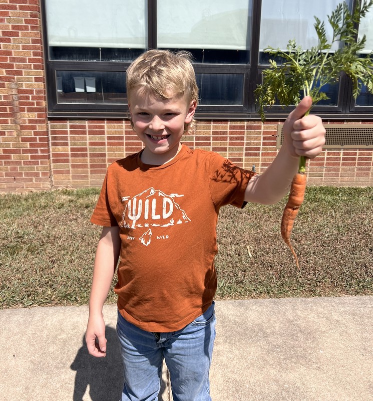 boy holding up a carrot