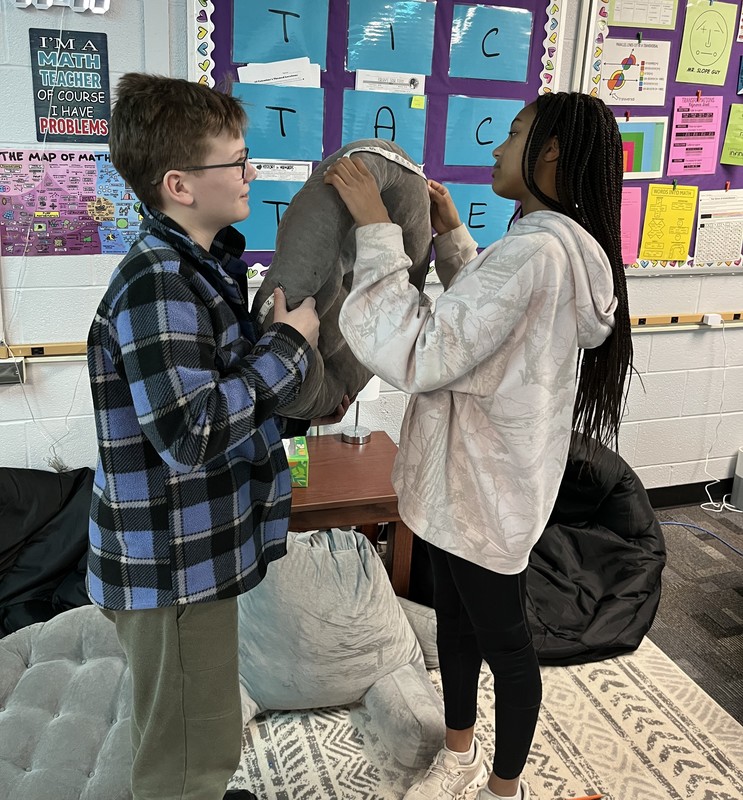 two students measuring a circle pillow