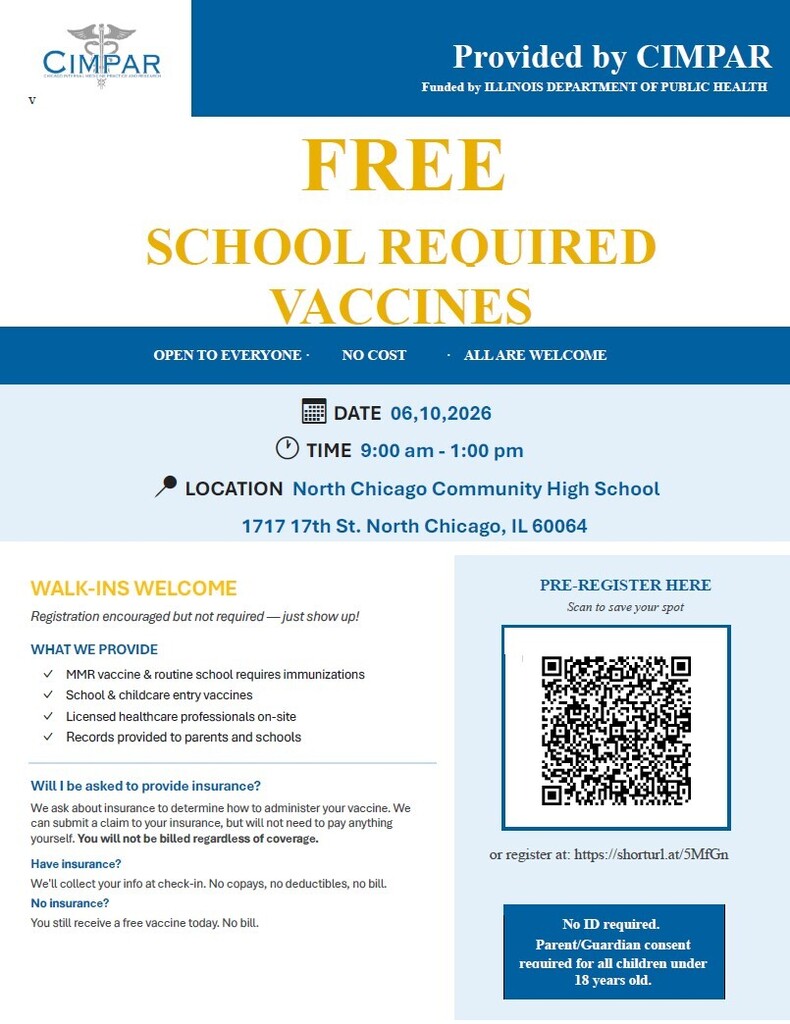 CIMPAR VACCINE CLINIC JUNE 10, 2026 from 9 am - 1 pm at North Chicago Community High School. 