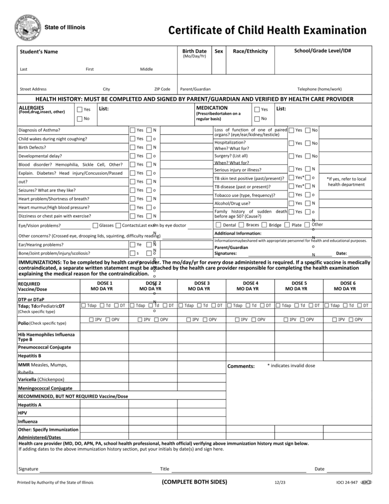 Certificate of Child Health Examination