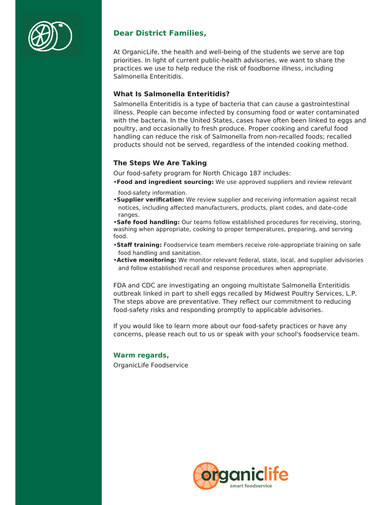 A letter from OrganicLife Foodservice to District Families detailing their food-safety program and preventative steps regarding Salmonella Enteritidis. Full text provided in the description.