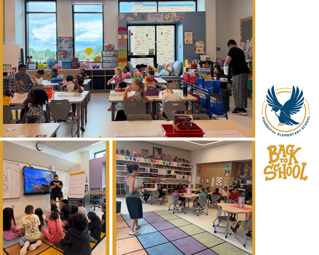 A collage of three photos showing elementary students and teachers interacting in bright, modern classrooms. On the right side is the Forrestal Elementary School logo featuring a blue bird, above gold stylized text that reads 'Back to School'.