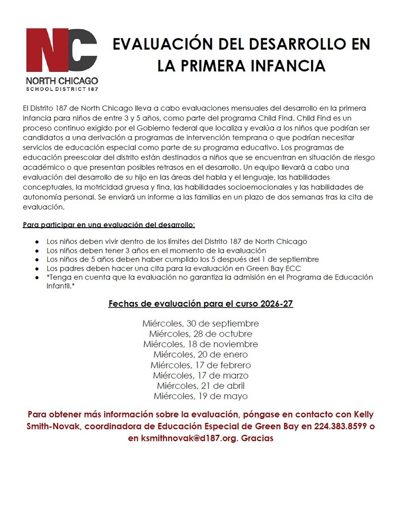 Flyer for North Chicago School District 187 Early Childhood Screening for 3- to 5-year-olds, detailing program requirements, 2026-2027 screening dates, and contact information.