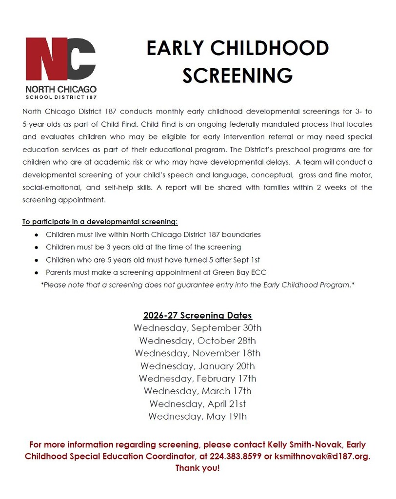 Flyer for North Chicago School District 187 Early Childhood Screening for 3- to 5-year-olds, detailing program requirements, 2026-2027 screening dates, and contact information.