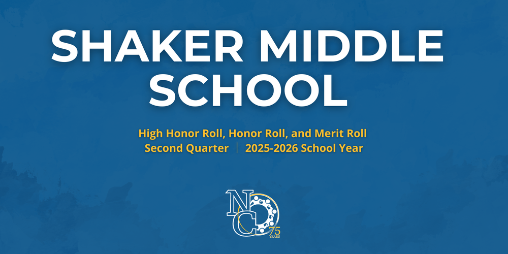 A graphic that says "Shaker Middle School High Honor Roll, Honor Roll and Merit Roll" for the 2nd quarter of 2025-2026