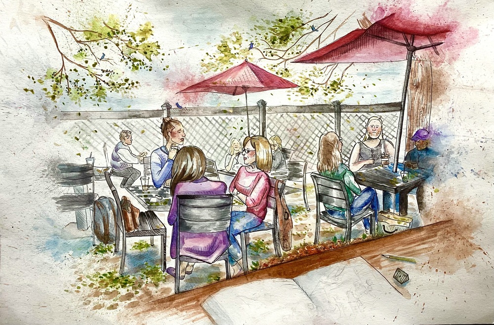 A work of art depicting people sitting at tables dining under umbrellas.