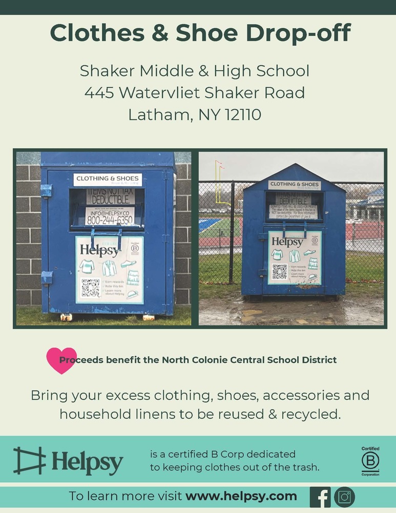 Flyer soliciting textile donations to be recycled in blue bins outside of SHS & SMS. Proceeds go back to the school district.