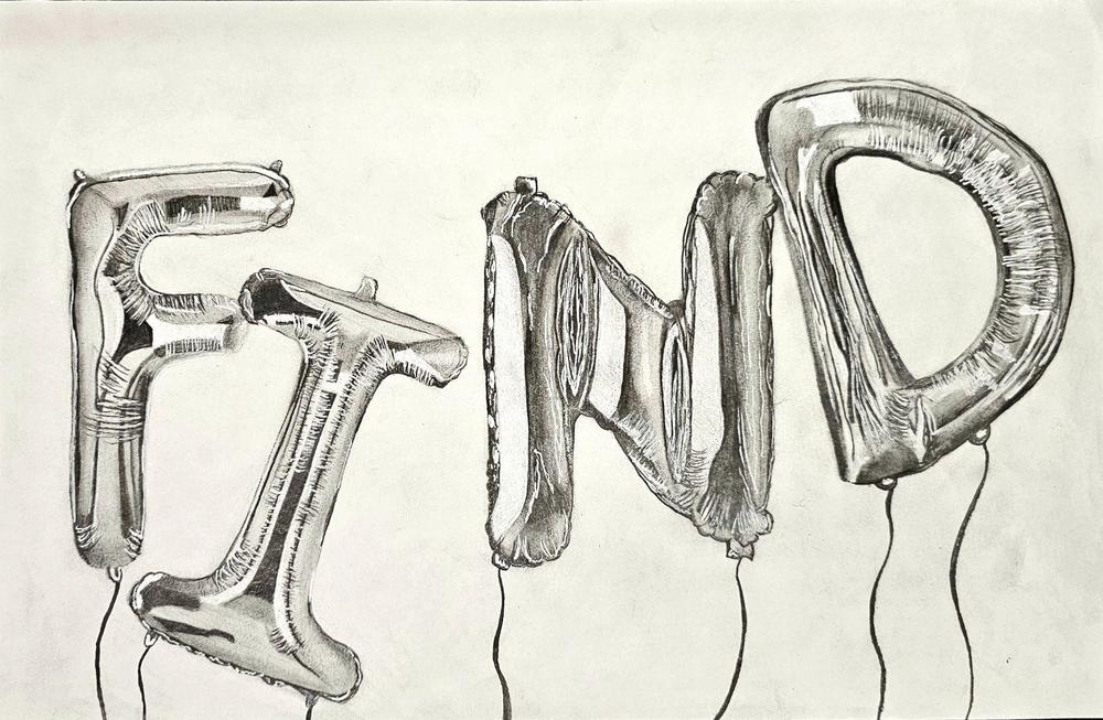 Silver balloons spelling FIND