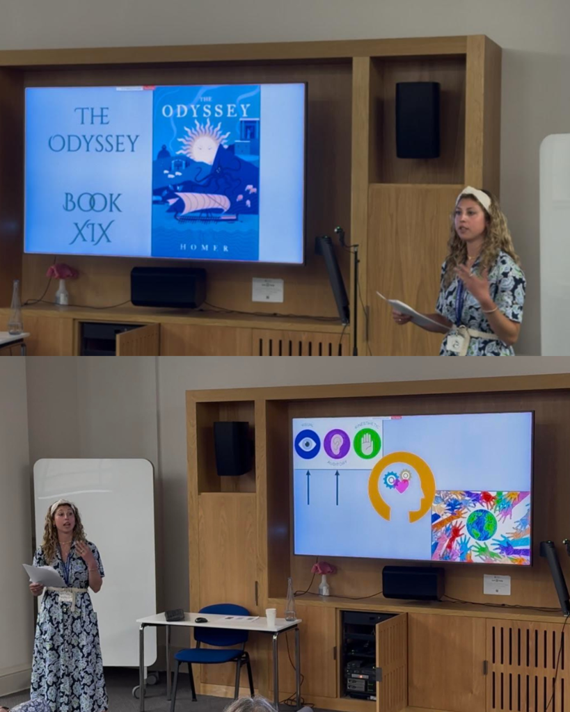 Mrs. Malara-Lutjen presenting on The Odyssey and modern education techniques 