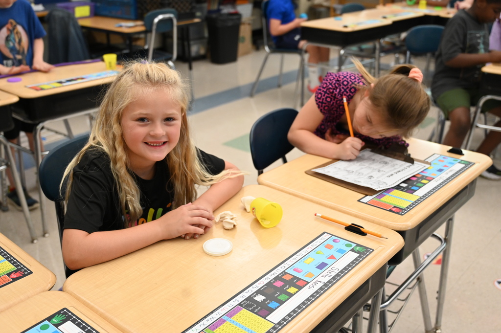 One student poses at her desk as a student next to her writes with a pencil.