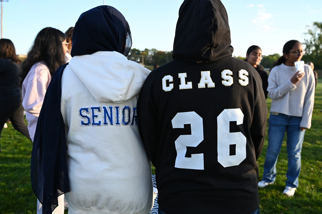 Seniors with their sweatshirts decorated to represent the Class of 2026 Seniors.