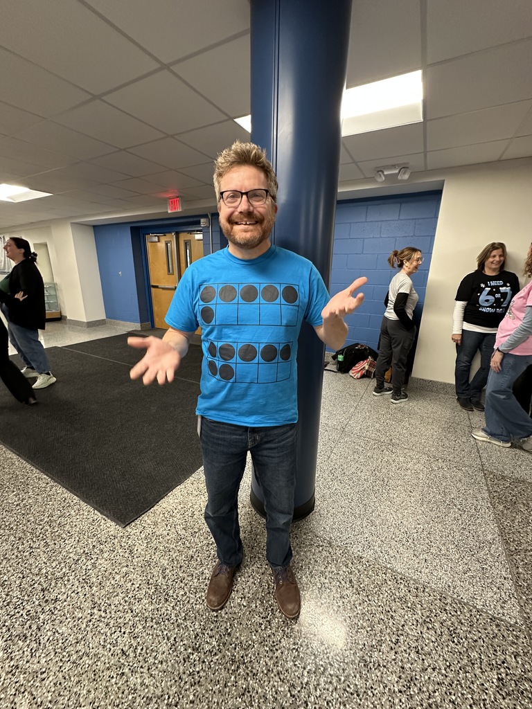 Principal Aaron Thiell shows off his creative t-shirt to celebrate the 67th day of school.