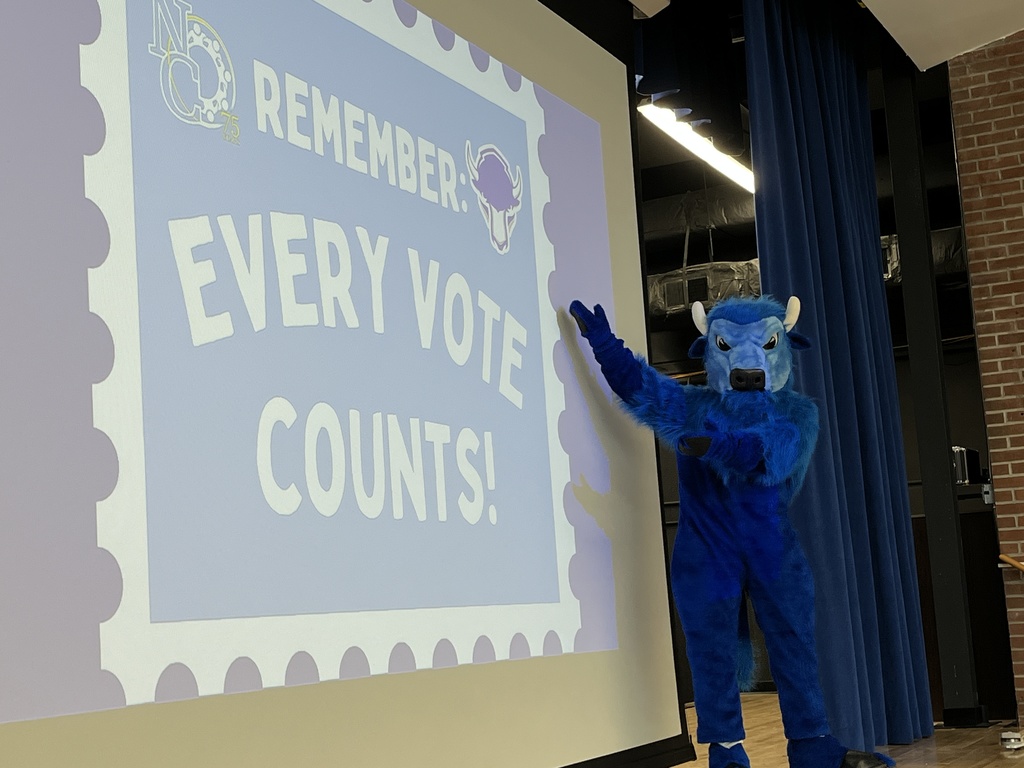 The Bison mascot points to the screen which says, "Remember: Every Vote Counts!"