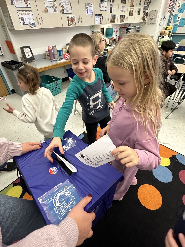 Two students place their paper ballots in a ballot box.