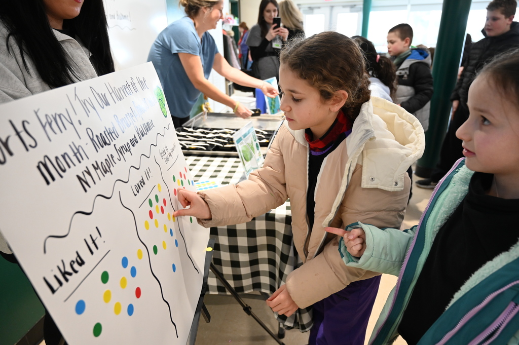 A student puts a sticker on a posterboard under the "Loved It" category.
