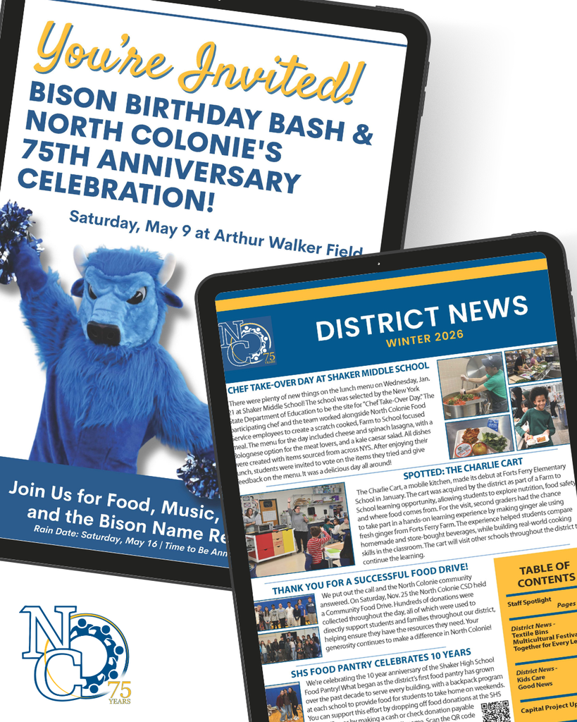 Photo of cover of the District Newsletters Winter 2026, featuring the Bison birthday celebration invite on May 9, 2026 and the district news