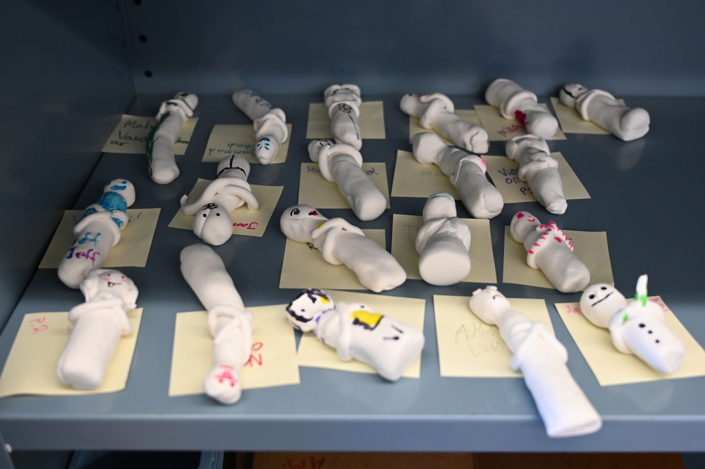More than a dozen student-made Shabtis sit on a shelf.