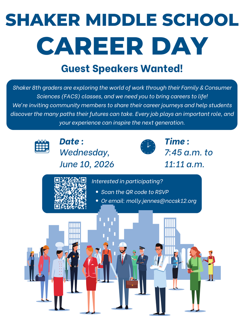 Shaker 8th graders are exploring the world of work through their Family & Consumer Sciences (FACS) classes, and we need you to bring careers to life! We’re inviting community members to share their career journeys and help students discover the many paths their futures can take. Every job plays an important role, and your experience can inspire the next generation.