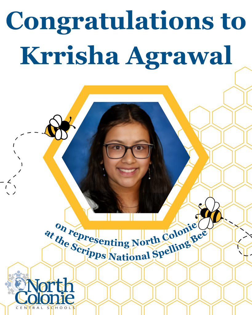 A photo of Krrisha Agrawal surrounded by graphics of honeycombs and bees.