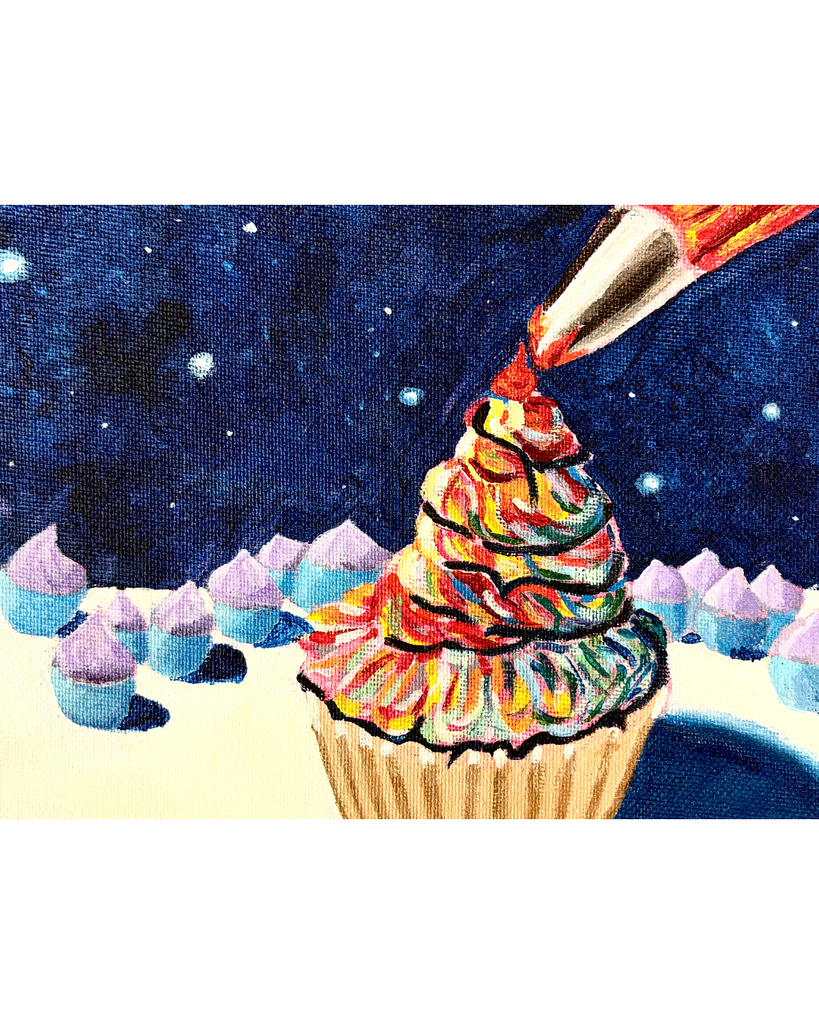 Someone piping icing on a cupcake with a bunch of little cupcakes around it