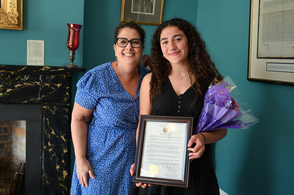 Daughters of the American Revolution Good Citizen honoree Joelle Hannoush poses with North Colonie Superintendent Kathleen Skeals.