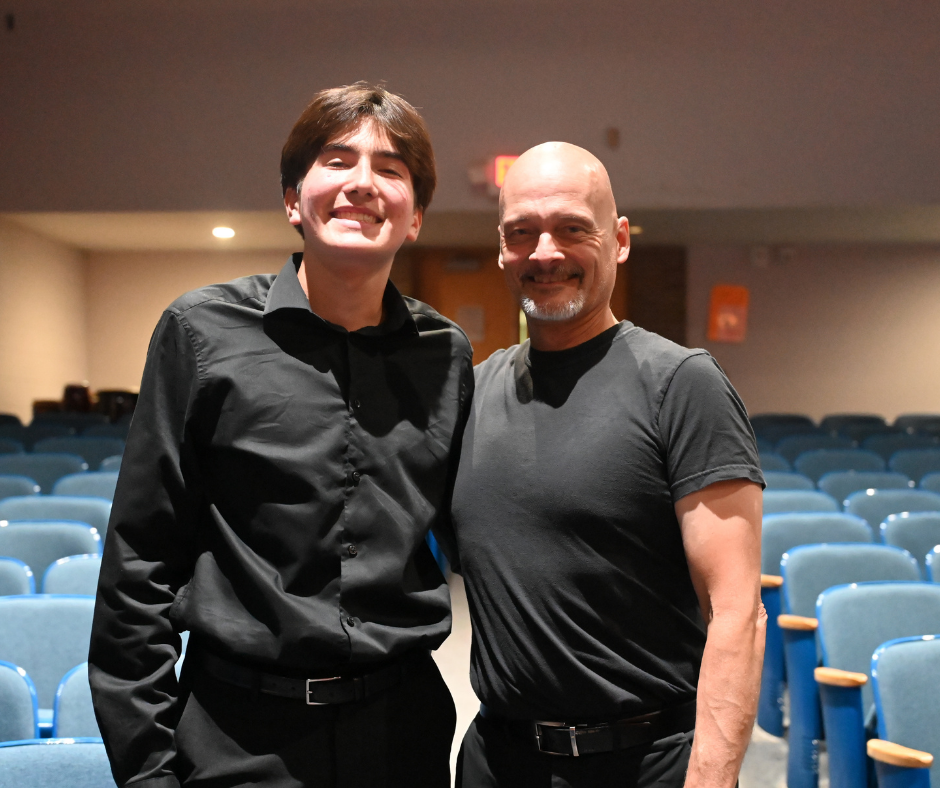Shaker student Charlie Adelstein with Honorary Tri-M Music Honor Society Inductee and Shaker Music Teacher Mr. Peter Suzuki