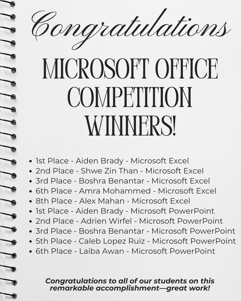 Shaker High School’s Microsoft Office class has done it again! Students from Mrs. Jachym’s class achieved an impressive milestone, earning 1st, 2nd, and 3rd place honors in both Microsoft Excel and PowerPoint at the New York State level. This competition challenges students to demonstrate their mastery of Microsoft Office applications, with participants competing against both high school and college students across New York State. Notably, Aiden Brady placed first in both Excel and PowerPoint, demonstrating exceptional skill across multiple platforms. Please see the list below for the full placement results from Shaker High School in New York State. 1st Place - Aiden Brady - Microsoft Excel (Office 2019) 2nd Place - Shwe Zin Than - Microsoft Excel (Office 2019) 3rd Place - Boshra Benantar - Microsoft Excel (Office 2019) 6th Place - Amra Mohammed - Microsoft Excel (Office 2019) 8th Place - Alex Mahan - Microsoft Excel (Office 2019) 1st Place - Aiden Brady - Microsoft PowerPoint (Office 2019) 2nd Place - Adrien Wirfel - Microsoft PowerPoint (Office 2019) 3rd Place - Boshra Benantar - Microsoft PowerPoint (Office 2019) 5th Place - Caleb Lopez Ruiz - Microsoft PowerPoint (Office 2019) 6th Place - Laiba Awan - Microsoft PowerPoint (Office 2019) Congratulations to all of our students on this remarkable accomplishment—great work!