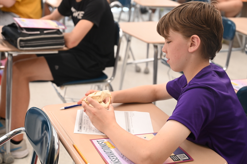 Student holding a beaver skull