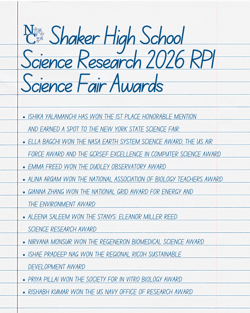 Ishika Yalamanchi has won the 1st Place Honorable mention                       and earned a spot to the New York State science fair Ella Bagchi won the NASA Earth System Science award, The US Air            Force award and the GCRSEF Excellence in Computer Science Award Emma Freed won the Dudley Observatory Award Alina Arqam won the National Association of Biology Teachers Award Gianna Zhang won the National Grid Award for energy and                         the Environment Award Aleena Saleem won the STANYS: Eleanor Miller Reed                           Science Research Award Nirvana Monsur won the Regeneron Biomedical Science Award Ishae Pradeep Nag won the Regional Ricoh Sustainable                        Development Award Priya Pillai won the Society for IN VITRO Biology Award Rishabh Kumar won the US NAVY Office Of Research Award
