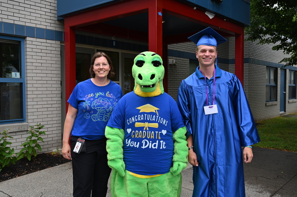 Graduating senior with Allie the Alligator and mother/ Southgate gym teacher 