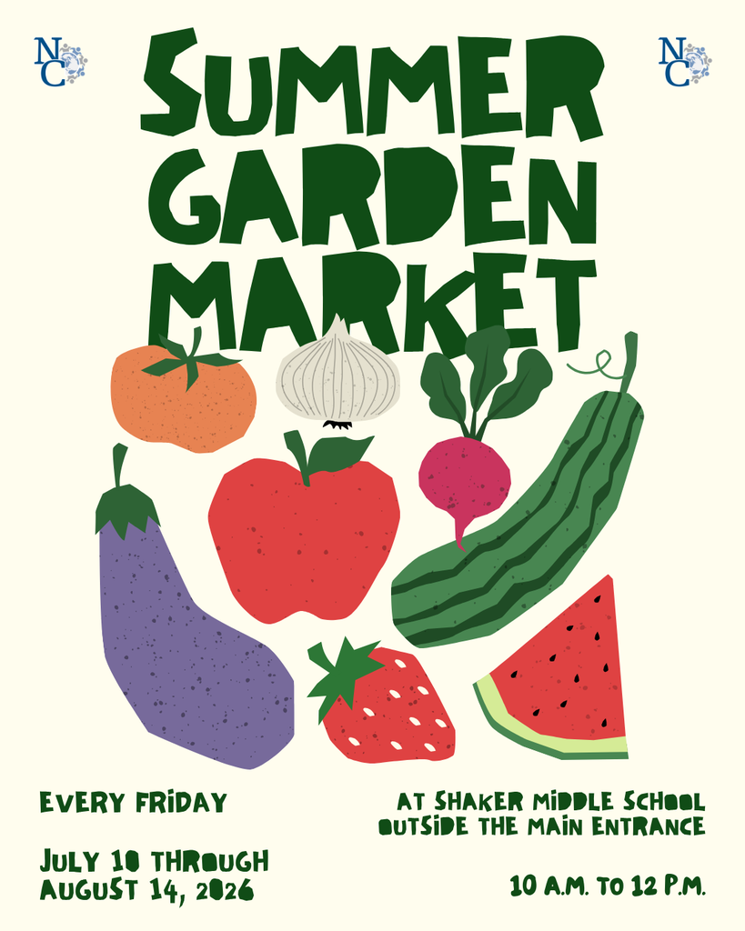 A flyer with fruits and vegetables on it promoting the Summer Garden Market on Fridays from July 10 through August 14.