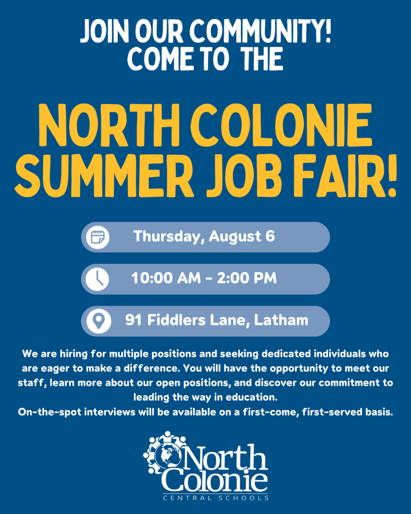 Hear firsthand what our North Colonie employees love about working in our district, then come see what makes our team so special at our Summer Job Fair on August 6 from 10 A.M. to 2 P.M. at 91 Fiddlers Lane, Latham! We're hiring for multiple positions and looking for excited individuals ready to make a difference. Meet our staff, learn about our opportunities, and interview on the spot (first come, first served). RSVP using the link in our bio, we can't wait to meet you!
