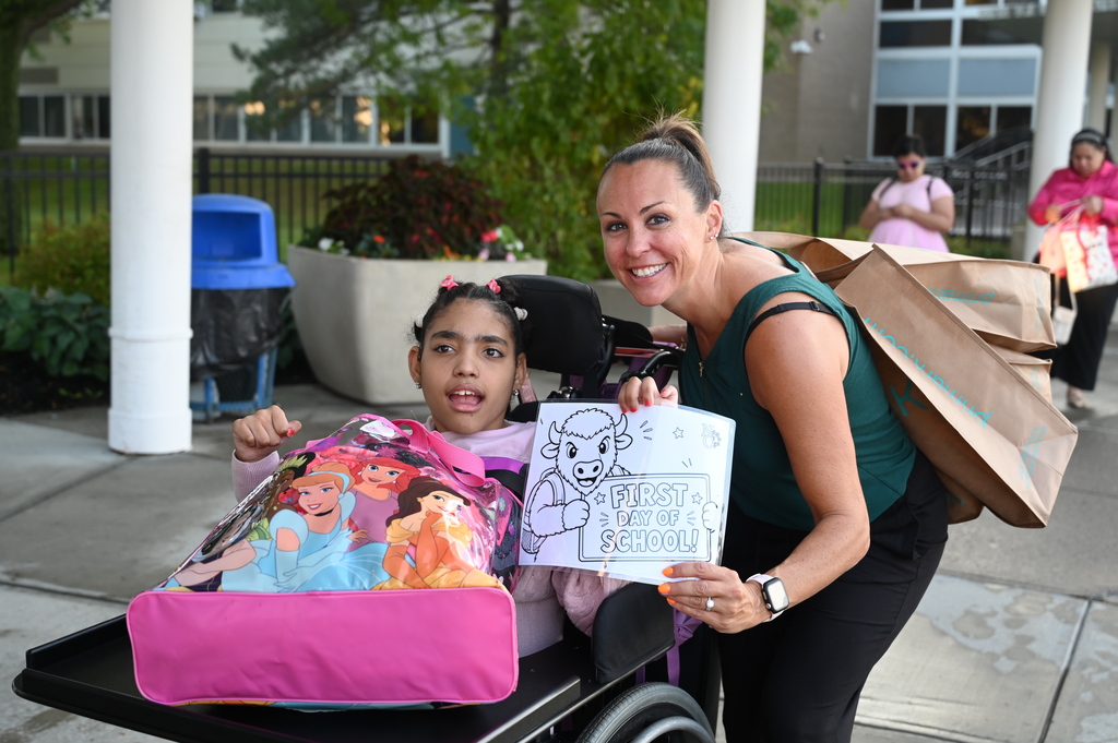 Asst. Director of Pupil Services Amber Manke with freshman on First Day of School